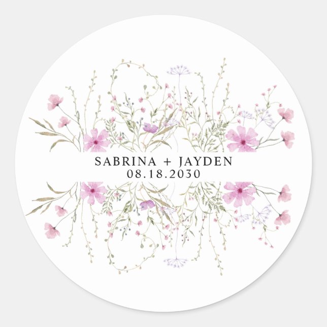 Pastel Shade Blush Pink Wild Floral Wedding Runder Aufkleber (Vorderseite)