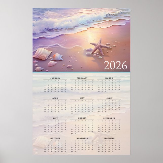 Pastel Shoreline 2026 Calendar with Seashells  Poster (Vorne)