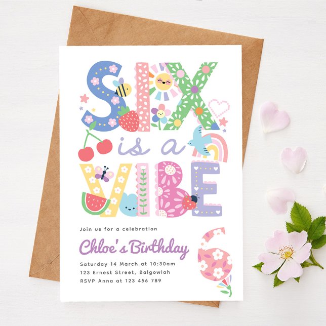 Pastel Sixth Birthday Invite Girl, Six is the Vibe Einladung (Von Creator hochgeladen)
