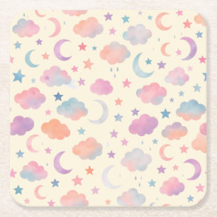 Pastel Sky Dreams - Moon, Stars & Clouds Muster Rechteckiger Pappuntersetzer
