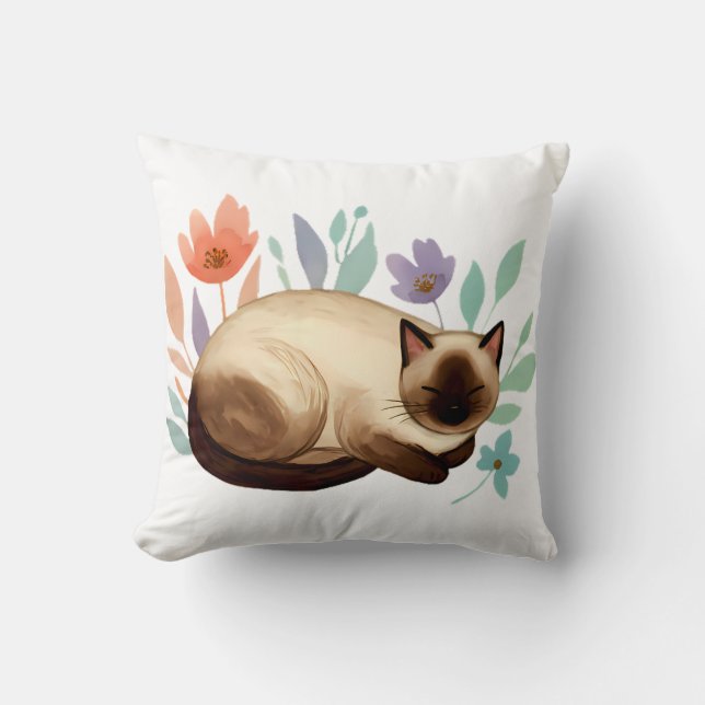Pastel Slumber: Siamese Cat in Bloom Kissen (Vorderseite)