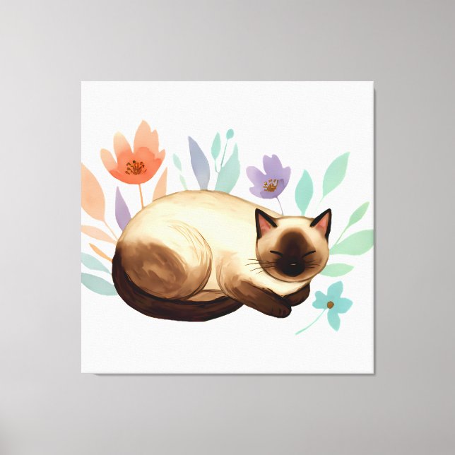 Pastel Slumber: Siamese Cat in Bloom Leinwanddruck (Vorderseite)
