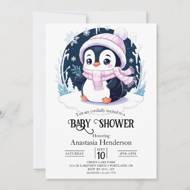 Pastel Snow Penguin Babydusche Einladung (Vorderseite)