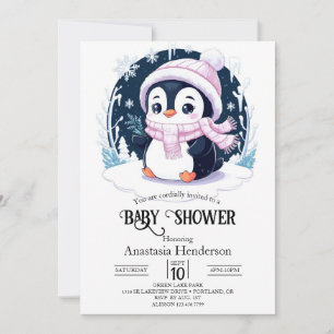 Pastel Snow Penguin Babydusche Einladung