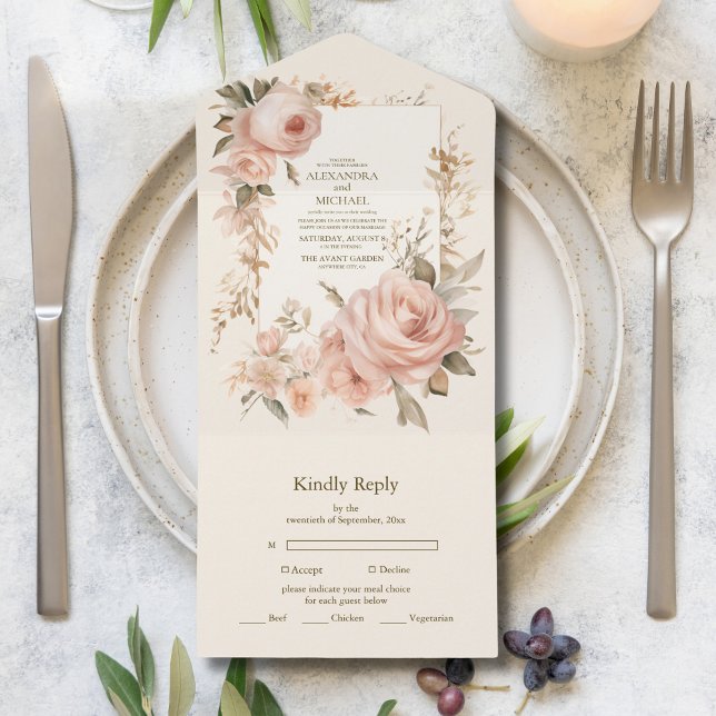 Pastel Soft Blush Peach Floral Wedding All In One Einladung (Von Creator hochgeladen)