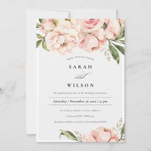 Pastel Soft Blush Peach Peony Flora Einladung (Vorderseite)