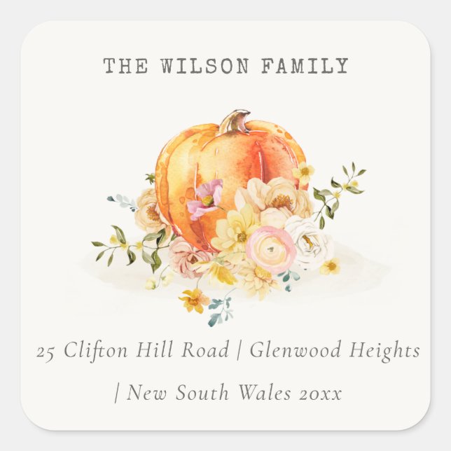 Pastel Soft Floral Pumpkin Erntedank Adresse Quadratischer Aufkleber (Vorderseite)