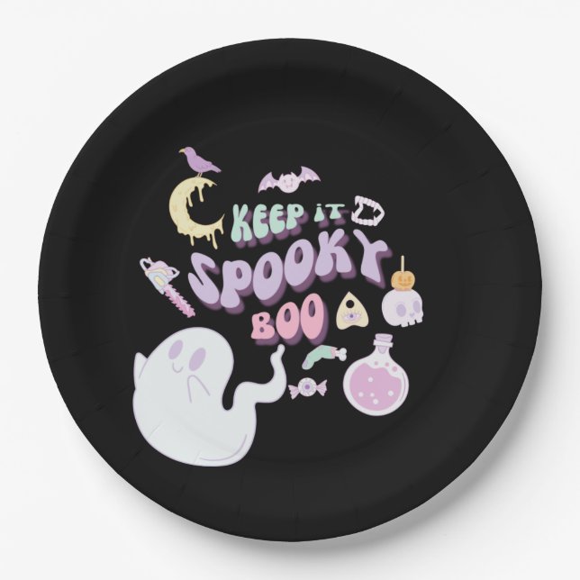 Pastel Spooky Ghost & Gang Black Halloween Pappteller (Vorderseite)
