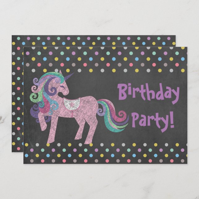 PASTEL SPOT UNICORN BIRTHDAY PARTY CHALKBOARD EINLADUNG (Vorne/Hinten)
