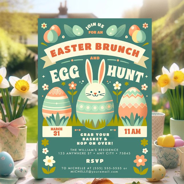 Pastel Spring Bunny Easter Egg Hunt & Brunch Einladung (Vintage Teal Easter Brunch Bunny Invitation)