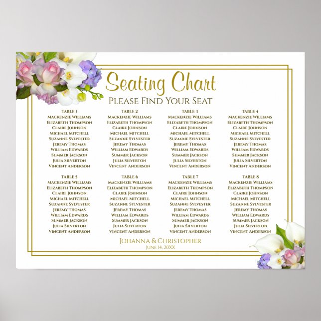 Pastel Spring Floral 8 Table Wedding Seating Chart Poster (Vorne)
