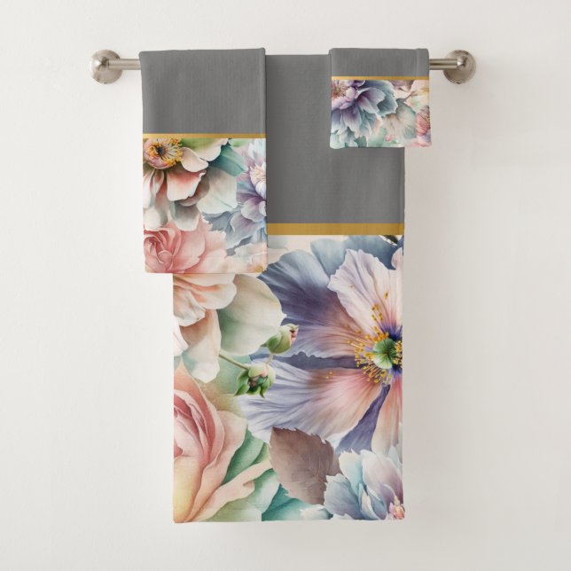 PASTEL SPRING FLORAL GRAU BADEZIMMER TOWEL SET (Insitu)