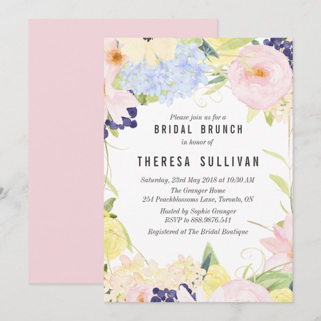 Pastel Spring Flowers Bridal Brunch Einladung (Vorne/Hinten)