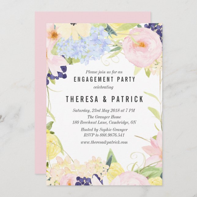 Pastel Spring Flowers Engagement Party Einladung (Vorne/Hinten)