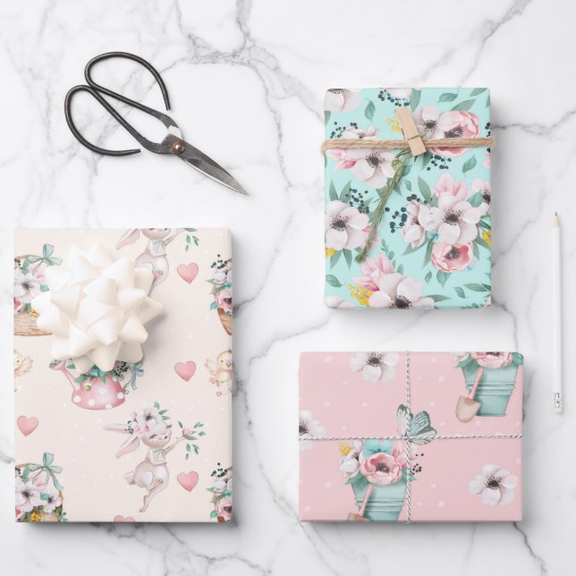 Pastel Spring Flowers Wrapping Paper Sheets Geschenkpapier Set (Vorderseite)