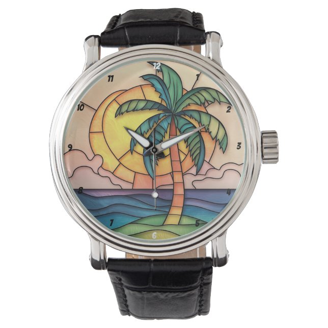 Pastel Stained Glass Tropical Sunset Armbanduhr (Vorderseite)