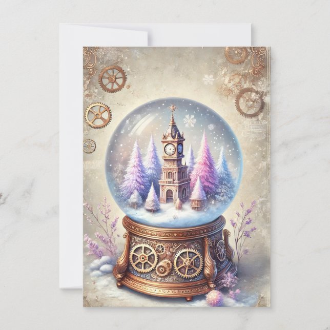 Pastel Steampunk Weihnachtskarte Antiker Schneeglo Karte (Vorderseite)