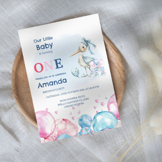 Pastel Stork & Balloons 1. Geburtstag Einladung