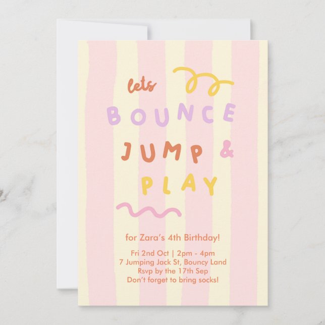 Pastel Stripe Girls Bounce Jump Play Party Einladung (Vorderseite)