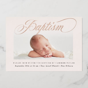 Pastel Subtle Cross-One-Foto Taufe Rose Gold Folieneinladung