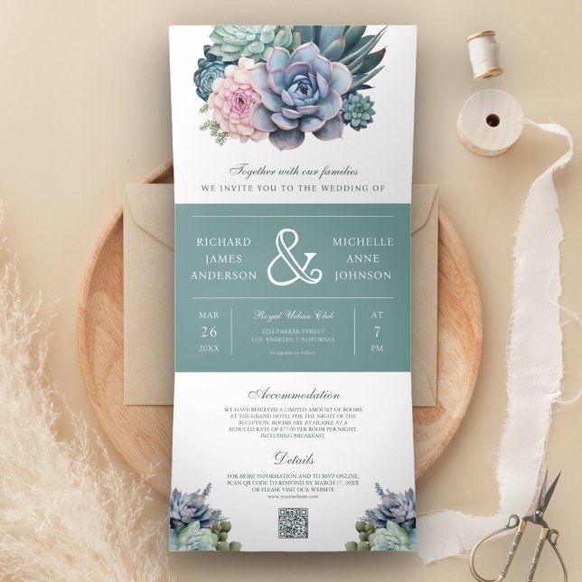 Pastel Succulent Ampersand QR Code Hochzeit Dreifach Gefaltete Einladung (Von Creator hochgeladen)