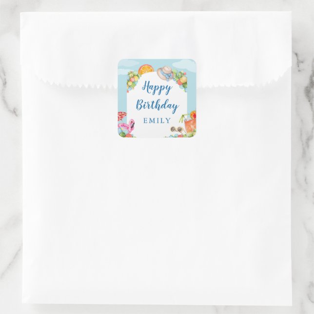 Pastel Summer Birthday Party Quadratischer Aufkleber (Tasche)