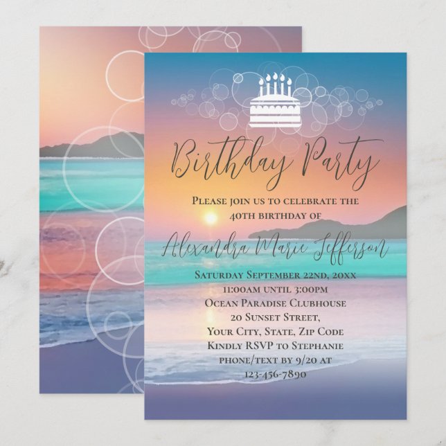 Pastel Sunset Beach Ocean Geburtstagsparty Einladung (Vorne/Hinten)