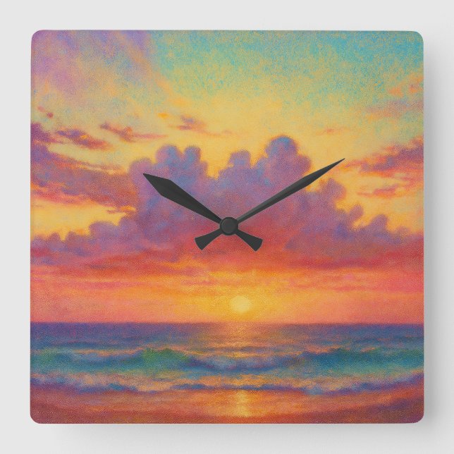 Pastel Sunset Beach - Painterly Style Seascape  Quadratische Wanduhr (Vorderseite)