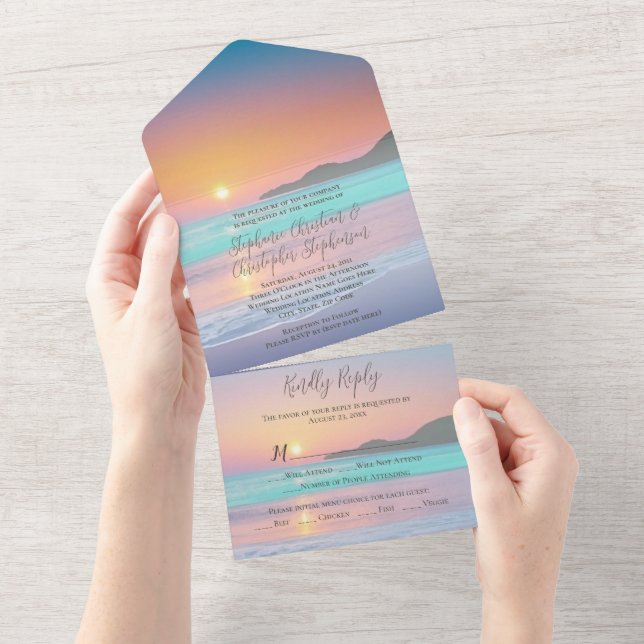Pastel Sunset Destination Ocean Beach Wedding All In One Einladung (Abreißen)