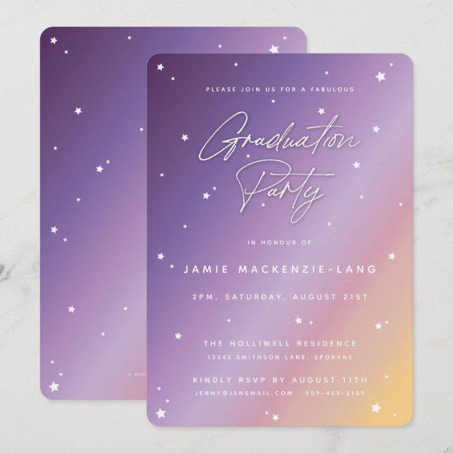 Pastel Sunset Script and Stars Graduation Party Einladung (Vorne/Hinten)