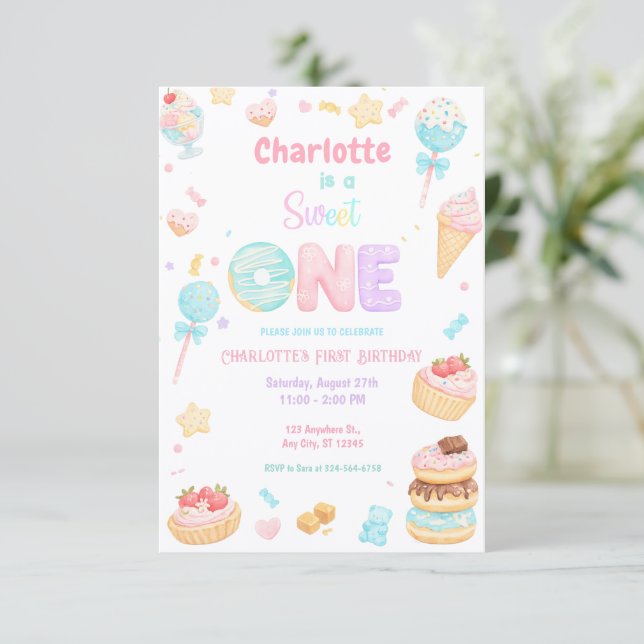 Pastel Süße Erste Geburtstagsfeier Einladung (Stehend Vorderseite)