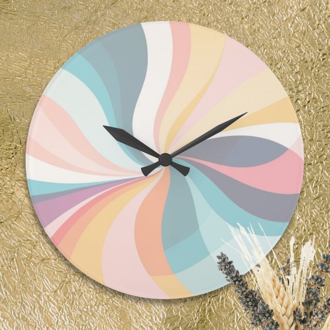 Pastel Swirl Hübsch Modern Frische Pasta machen Co Große Wanduhr (A contemporary wall clock with faded swirling multicolor design)