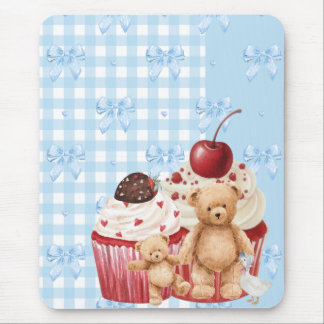 pastel "teddy bear" cupcake kawaii gingham ribbon mousepad