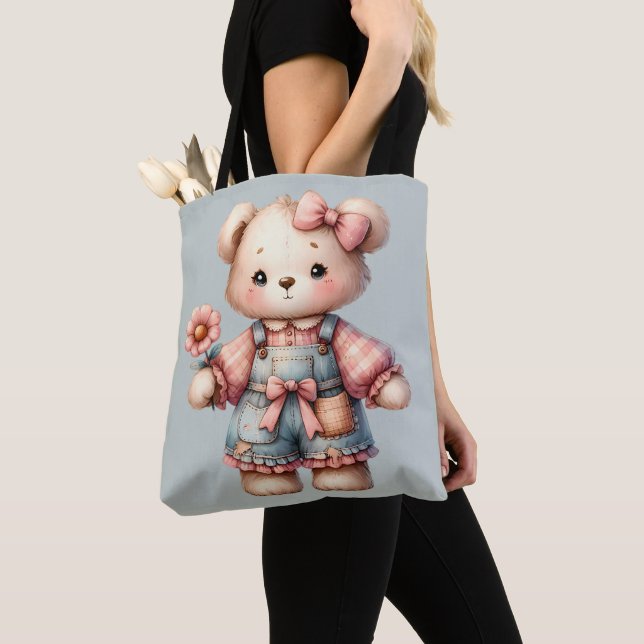 Pastel Teddy Bear Holding Blume Tragen Overalls (Von Nahem)