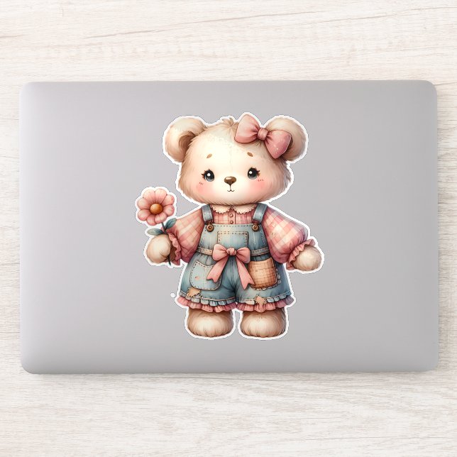 Pastel Teddy Bear Holding Blume Tragen Overalls Aufkleber (Computer)
