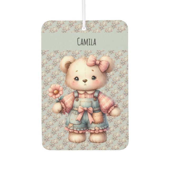 Pastel Teddy Bear Holding Blume Tragen Overalls Autolufterfrischer (Vorderseite)