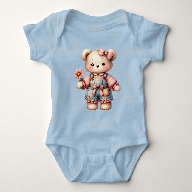 Pastel Teddy Bear Holding Blume Tragen Overalls Baby Strampler (Vorderseite)