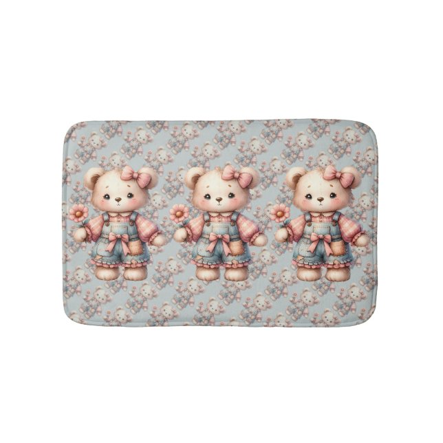 Pastel Teddy Bear Holding Blume Tragen Overalls Badematte (Vorderseite)