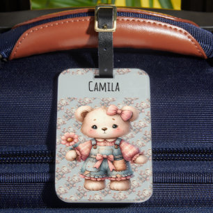 Pastel Teddy Bear Holding Blume Tragen Overalls Gepäckanhänger