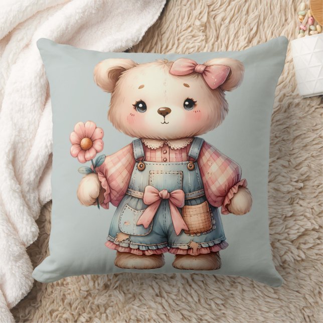 Pastel Teddy Bear Holding Blume Tragen Overalls Kissen (Decke)