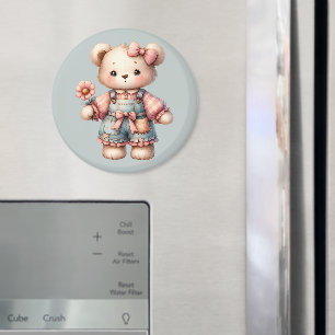 Pastel Teddy Bear Holding Blume Tragen Overalls Magnet