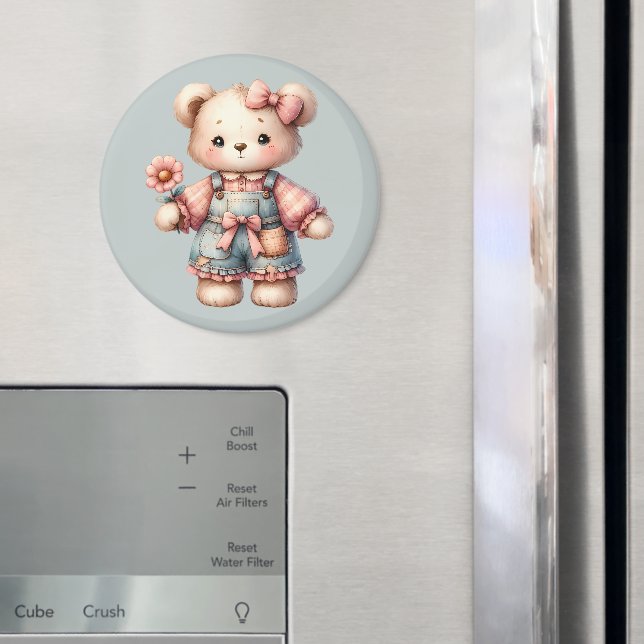 Pastel Teddy Bear Holding Blume Tragen Overalls Magnet (In Situ (Kühlschrank))