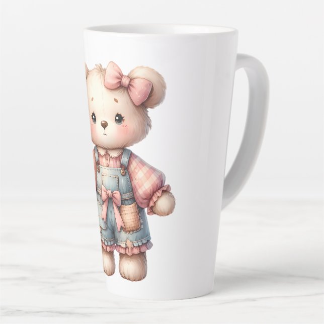 Pastel Teddy Bear Holding Blume Tragen Overalls Milchtasse (Rechte Ecke)