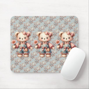 Pastel Teddy Bear Holding Blume Tragen Overalls Mousepad
