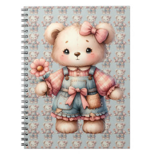 Pastel Teddy Bear Holding Blume Tragen Overalls Notizblock