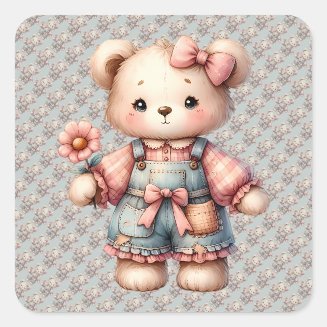Pastel Teddy Bear Holding Blume Tragen Overalls Quadratischer Aufkleber (Vorderseite)