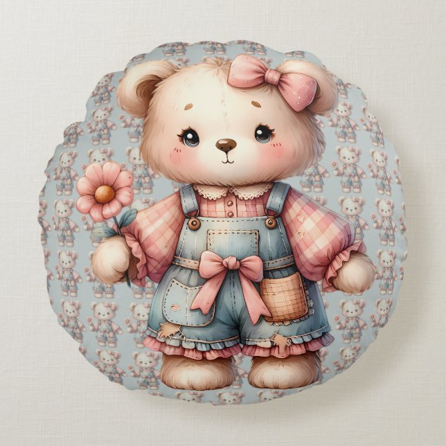 Pastel Teddy Bear Holding Blume Tragen Overalls Rundes Kissen (Vorderseite)