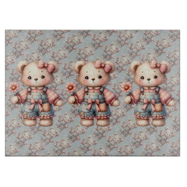 Pastel Teddy Bear Holding Blume Tragen Overalls Schneidebrett (Vorderseite)