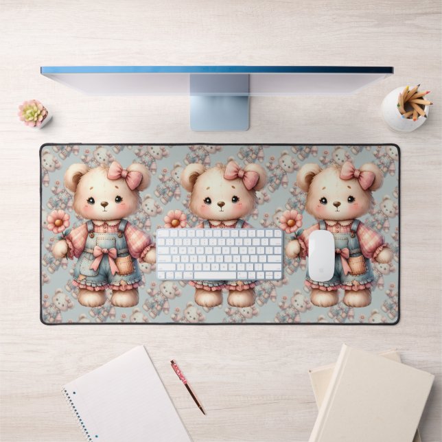 Pastel Teddy Bear Holding Blume Tragen Overalls Schreibtischunterlage (Büro 1)