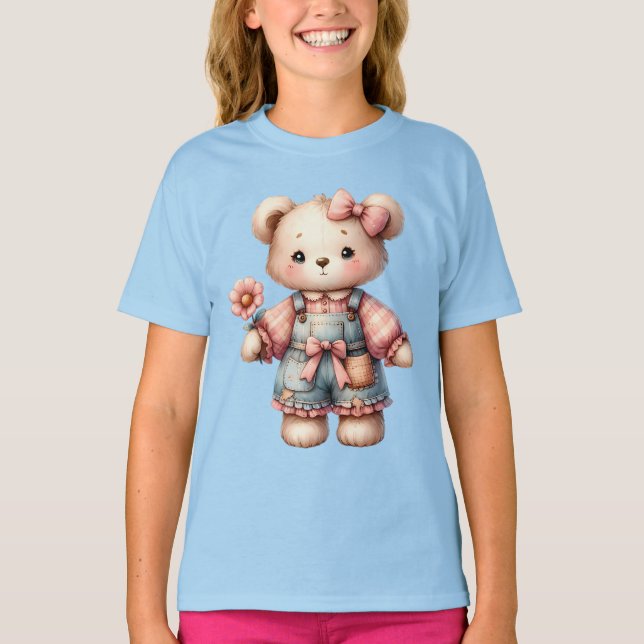 Pastel Teddy Bear Holding Blume Tragen Overalls T-Shirt (Vorderseite)